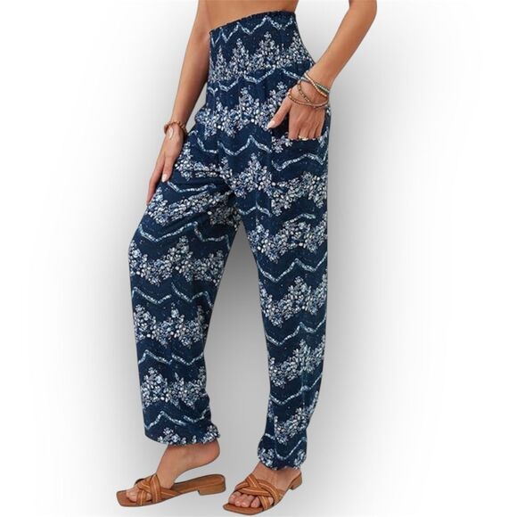 Amazon Qianxizhan Blue Multi Floral Harem Bohemian Jogger Pants, Women’s Small - Picture 1 of 10